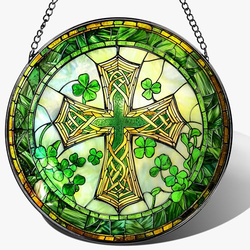 8'' St. Patrick's Day Cross Stained Glass Suncatcher Ornament (Cross-b)