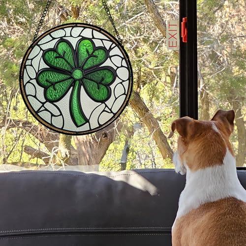 Lucky Clover Stained Glass Window Hanging Suncatcher Gift for Mom 15" (White and Green / 15x15 IN)