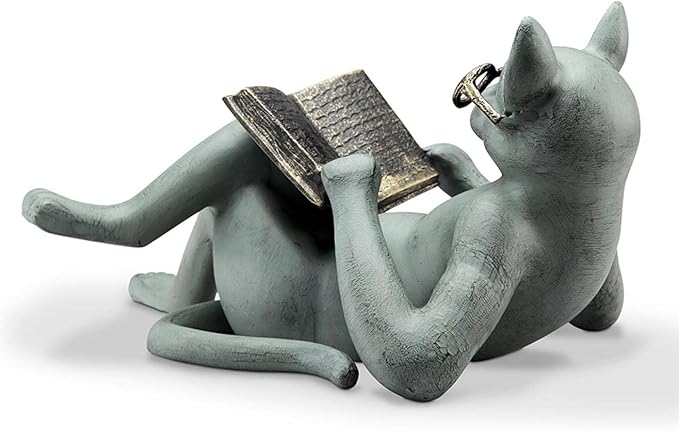 Cat Statues - Garden Decor Reading Cat Craft Wearing Glasses Sculpture, 18X8X5CM