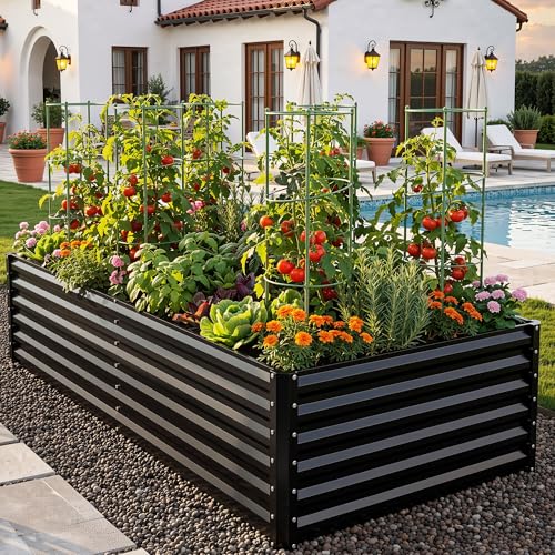 2pcs 8x4x2ft Galvanized Raised Garden Bed with Tomato Cages (Black / 8x4x2ft 2pcs W/ Trellis)