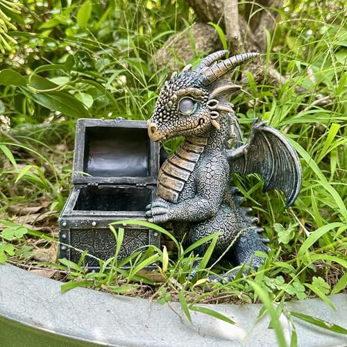 Garden Dragon Statue Solar Powered Outdoor Figurine Light Decor Cute and Hold Glowing Treasure Chest Resin Sculpture Home Decoration for Porch Patio Lawn Farm Yard Housewarming Ornament Gift (treasurebox)
