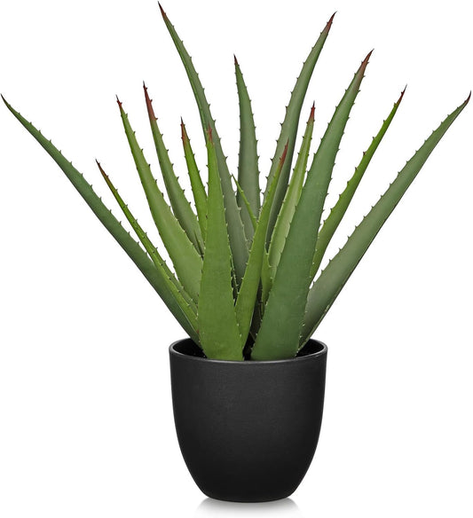 Large Fake Succulent Aloe Vera Plants 16.7 Inch Artificial Succulents with Black Pot Faux Aloe Potted Plant for Desk Modern Home Office Bedroom Living Room Table Shelf Decor