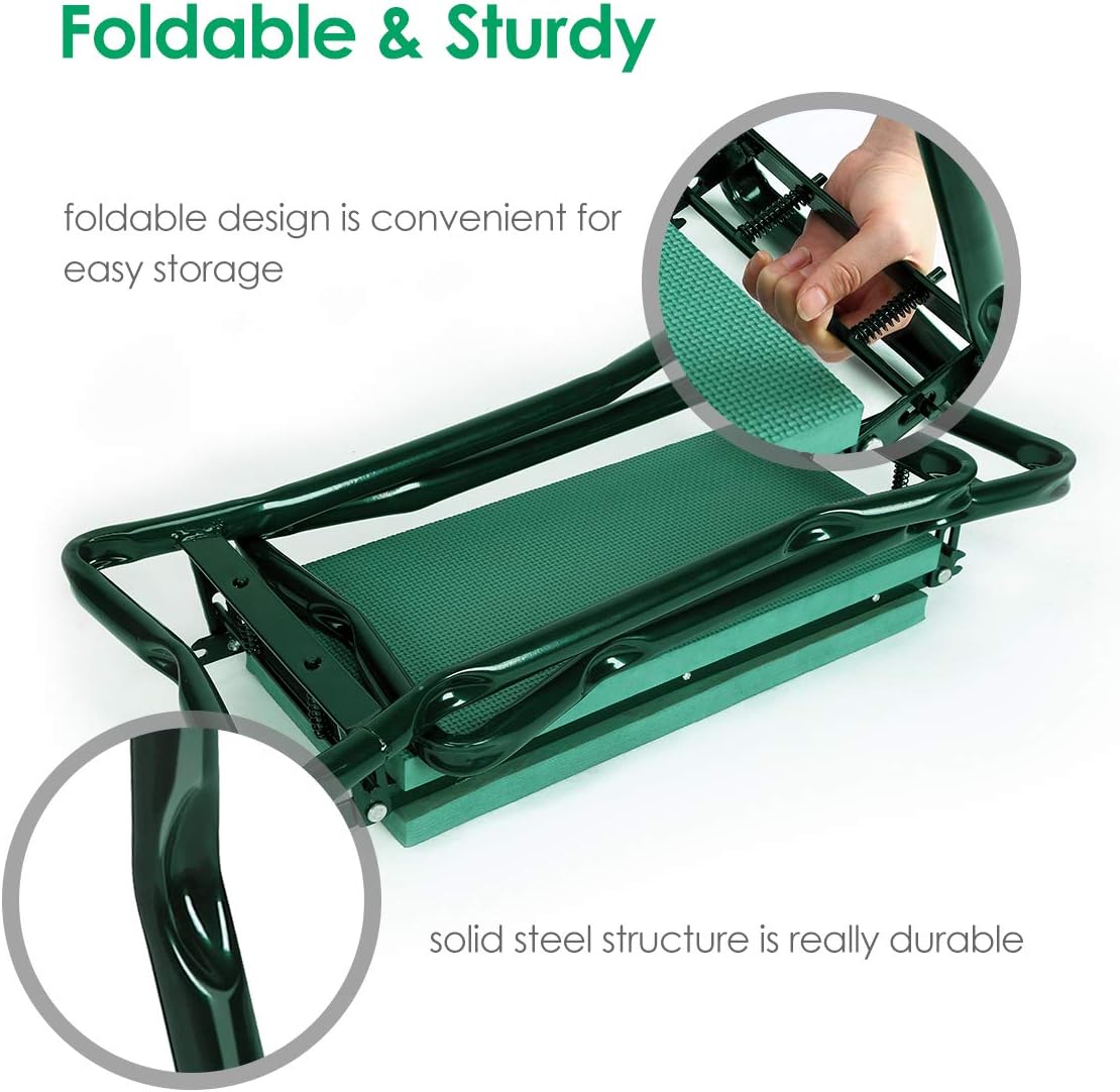 TomCare Upgraded Garden Kneeler Seat Widen Soft Kneeling Pad Garden Stools Garden Bench with 2 Large Tool Pouches Outdoor Foldable Gardening Gifts for Women Men Gardeners, Green