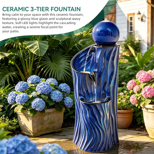 32"Ceramic 3 Tier Sphere Outdoor Water Fountain (Blue Wave Texture Cobalt 32"h-sphere)