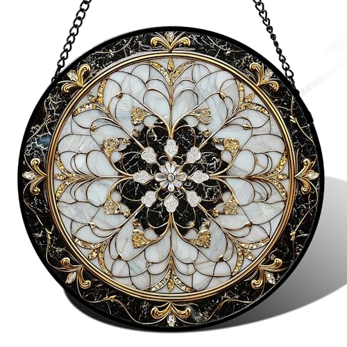 Black and White Mandala Stained Glass Window Hanging Suncatcher Gifts 15"