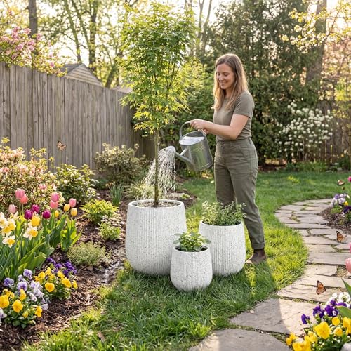 Signature Mount Wilson Modern Indoor Outdoor Fiberstone Tapered Planter (Ribbed White / 11'' D x 12'' H)