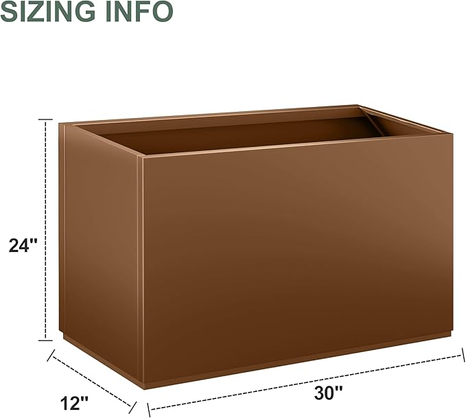 Tall Rectangular Planter Box, Metal Large Planters for Outdoor Plants, Flowers, with Drainage Holes (30" L x 12" W x 24" H, Brown)