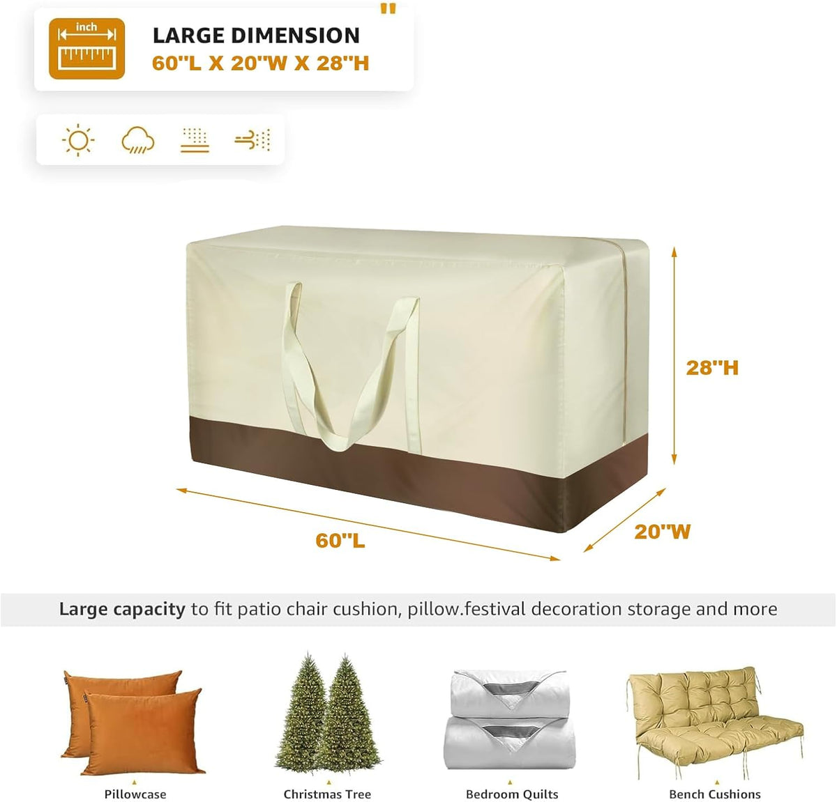 Patio Cushion Storage Bags 420D Waterproof Outdoor Storage Bag Furniture Cushion Cover Christmas Tree Storage Bag with Handles and Zipper 60"L x 20"W x 28"H Beige - GardenPro