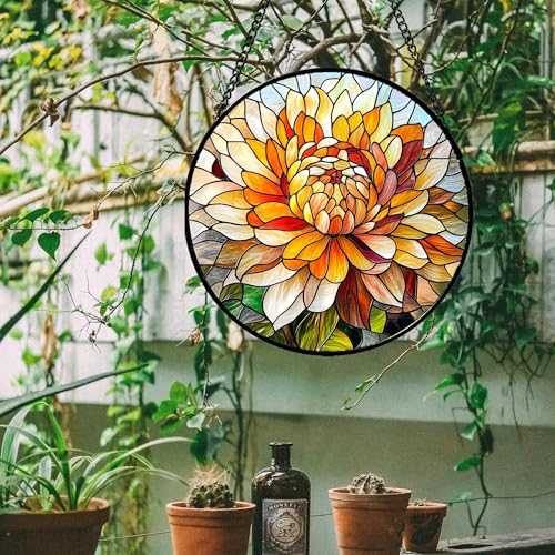 Orange White Flower Stained Glass Window Hanging Suncatcher Gifts 7.8" (Multiple Colors / 7.8x7.8 IN)