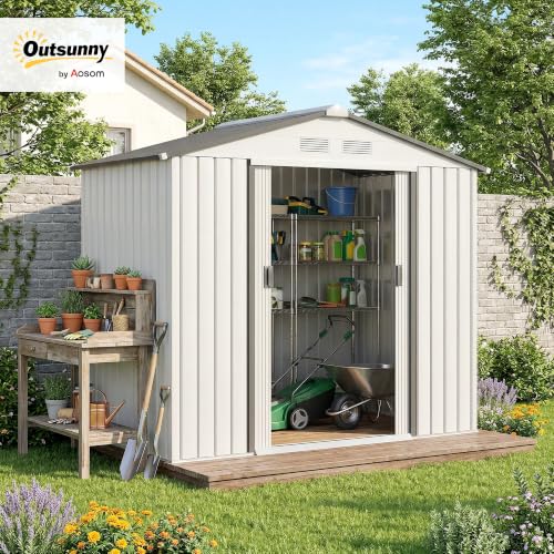 7' x 4' Outdoor Storage Shed Garden Tool Metal Shed White (White / 7' x 4')