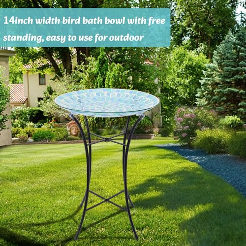 Mosaic Glass Bird Baths with Metal Stand for Garden Birdfeeder Decor (Green)