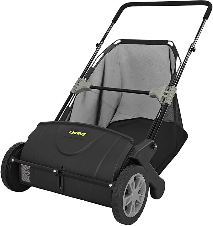 Push Lawn Sweeper, 21-Inch Width, 3.5 Cu. Ft. Hopper Capacity, 4 Spinning Brushes, Adjustable Height, Durable Steel Frame with Rubber Wheels, Black