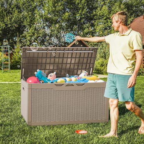 100 Gallon Resin Deck Box Large Outdoor Storage with Cushions for Patio Furniture (Light Coffee / 100 Gallon with Cushion)