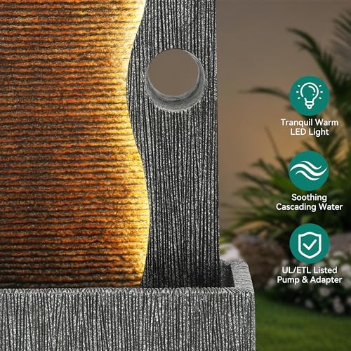 AUTODAYA 39" Modern Zen Outdoor Water Fountain LED Cascading Waterfall (Weathered Gray 39"h)