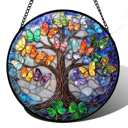 Butterfly Tree of Life Stained Glass Window Hanging Suncatcher Gifts 15" (Colorful / 14.9x14.9 IN)