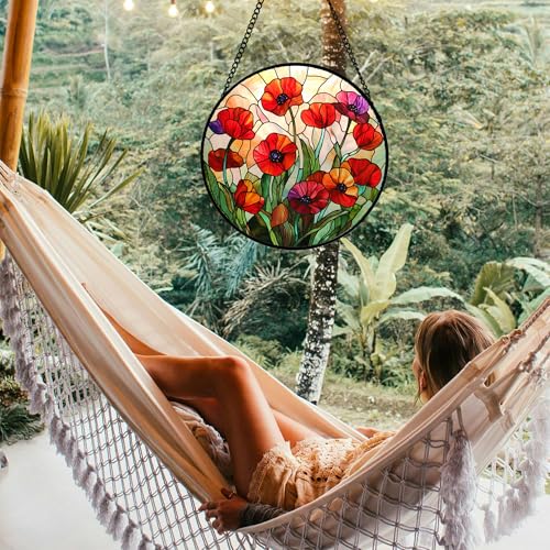 Red Poppy Flower Stained Glass Window Hanging Suncatcher Gifts for Mom 6.3" (Red / 6.3x6.3 IN)