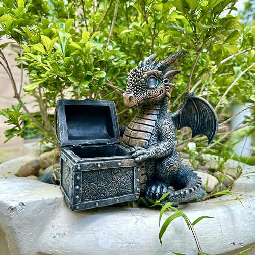 Garden Dragon Statue Solar Powered Outdoor Figurine Light Decor Cute and Hold Glowing Treasure Chest Resin Sculpture Home Decoration for Porch Patio Lawn Farm Yard Housewarming Ornament Gift (treasurebox)