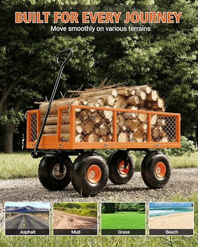 Heavy Duty Steel Garden Cart 900 LBS Capacity 3 in 1 Pullable Garden Wagon with 10 in Wheels for Gardening Soil (Orange / 900 lbs)