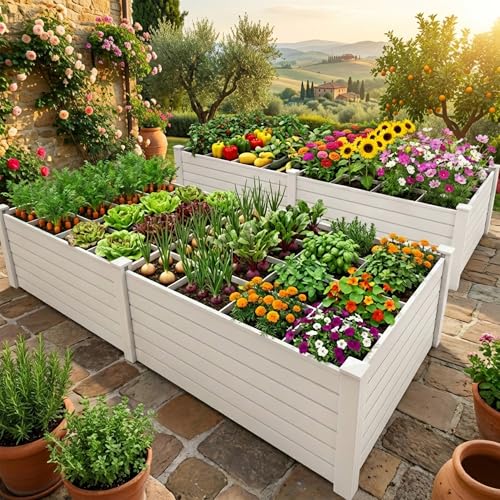 48x48x24 in Plastic Raised Garden Bed 2pcs with Growth Grid (White / 48x48x24 in)