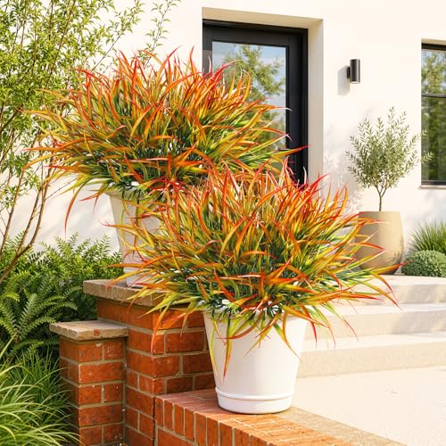 28 Bundles Artificial Outdoor Plants UV Resistant Fake Grass Plants Faux Plastic Plants for Home Garden Spring Summer Decor (Green & Red / 28)