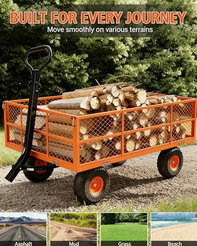 Heavy Duty Steel Garden Cart 1200 LBS Capacity 3 in 1 Pullable Garden Wagon with 13 in Wheels for Gardening Soil (Orange / 1200 lbs)