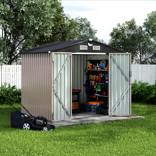 6x8 FT Metal Storage Sheds Outdoor with Solar Light (Brown / 6x8FT with Light)