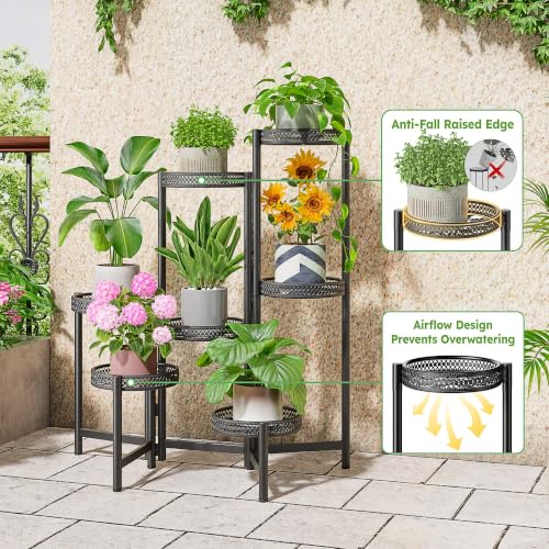 7 Tier Large Metal Plant Stand Indoor Outdoor with 7.9 Inch Wide Tray (BlackWave / 7-tiers)