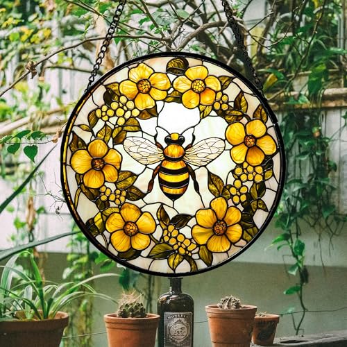 Bee Wreath Stained Glass Window Hanging Suncatcher Gifts for Women 15" (Yellow and White / 15x15 IN)