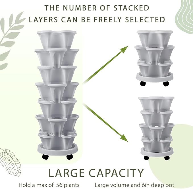 Umigy 1 Set Light Gray 7 Tier Vertical Planter Stackable Tower Planters Strawberry Herb Flower and Vegetable Pots Indoor Outdoor Gardening Pots with Removable Wheels and Tools