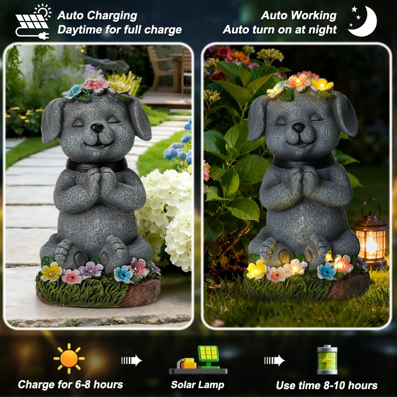 Meditating Dog Garden Statue with Solar LED Lights (Light Grey)