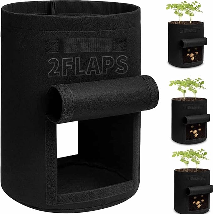 TCBWFY 4 Pack Potato Grow Bags with 2 Flaps 15 Gallon,Heavy Duty 14oz/yd² Planter Pot with Sturdy Handles and 2 Harvest Windows for Potato Tomato and Vegetables