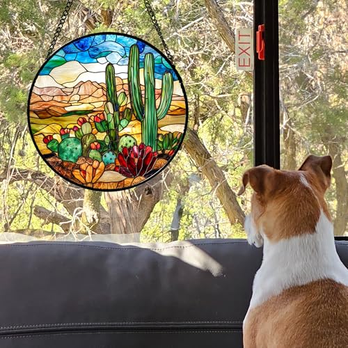 Cactus Desert Flower Stained Glass Window Hanging Suncatcher Gifts 9.8" (Brown and Green / 9.8x9.8 IN)