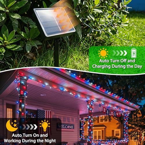 2pack 500LED Solar String Lights Outdoor Waterproof Red White Blue (Red White Blue / 2PK-500LED)