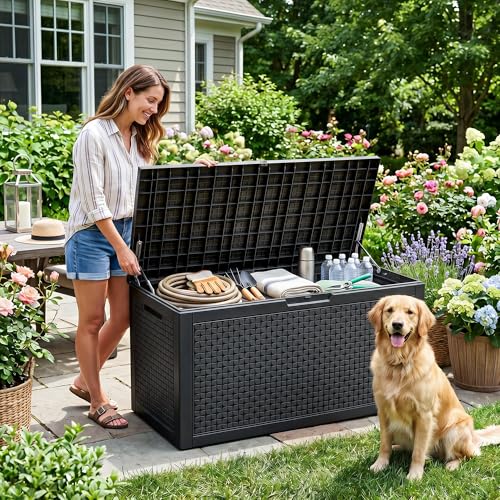 110 Gal Waterproof Outdoor Storage Box UV Resistant Deck Box (Black / 110 Gallon)