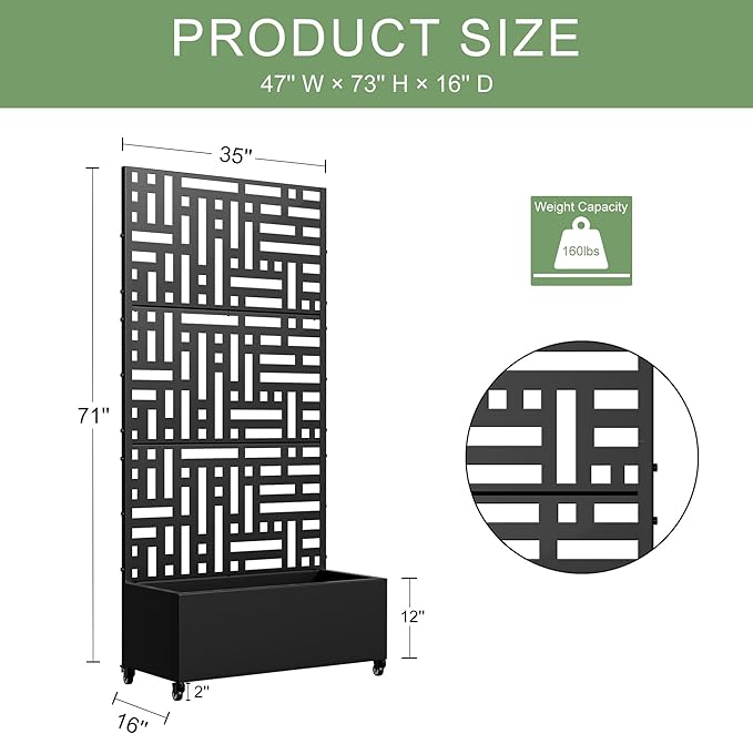Casaphoria Metal Raised Garden Bed with Trellis and Wheels, 72"x35"x16" Planter Box for Climbing Plants, Vegetables & Vines, Features Drainage Holes and Privacy Screen (Black-Helen)
