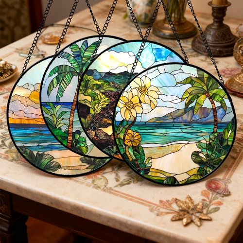 Stained Glass Window Hanging 4 Pcs Set Blue Ocean Coconut Tree Scenery 6.3" (4-piece Set Blue-green / 6.3x6.3 IN)