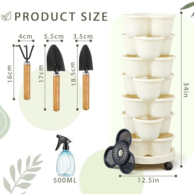 Umigy 1 Set Ivory 7 Tier Stackable Vertical Planters with Removable Wheels and Tools Tower Planters Strawberry Herb Flower Vegetable Pots Indoor Outdoor Gardening Pots