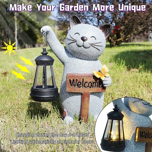 Garden Statue Solar Cat Figurine with LED Lantern
