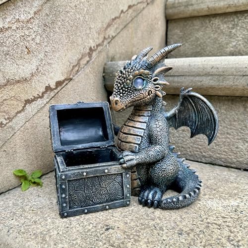 Garden Dragon Statue Solar Powered Outdoor Figurine Light Decor Cute and Hold Glowing Treasure Chest Resin Sculpture Home Decoration for Porch Patio Lawn Farm Yard Housewarming Ornament Gift (treasurebox)