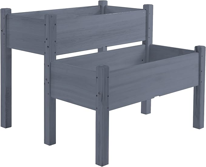 Outsunny 34"x34"x28" Raised Garden Bed, 2-Tier Elevated Wood Planter Box for Backyard, Patio to Grow Vegetables, Herbs, and Flowers, Gray