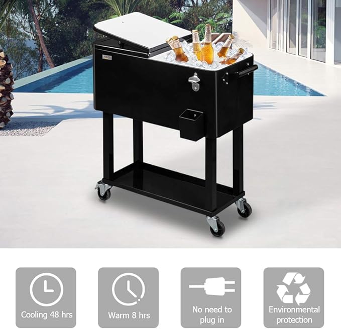 VINGLI 80 Quart Rolling Ice Chest, Portable Patio Party Bar Drink Cooler Cart, with Shelf, Beverage Pool with Bottle Opener