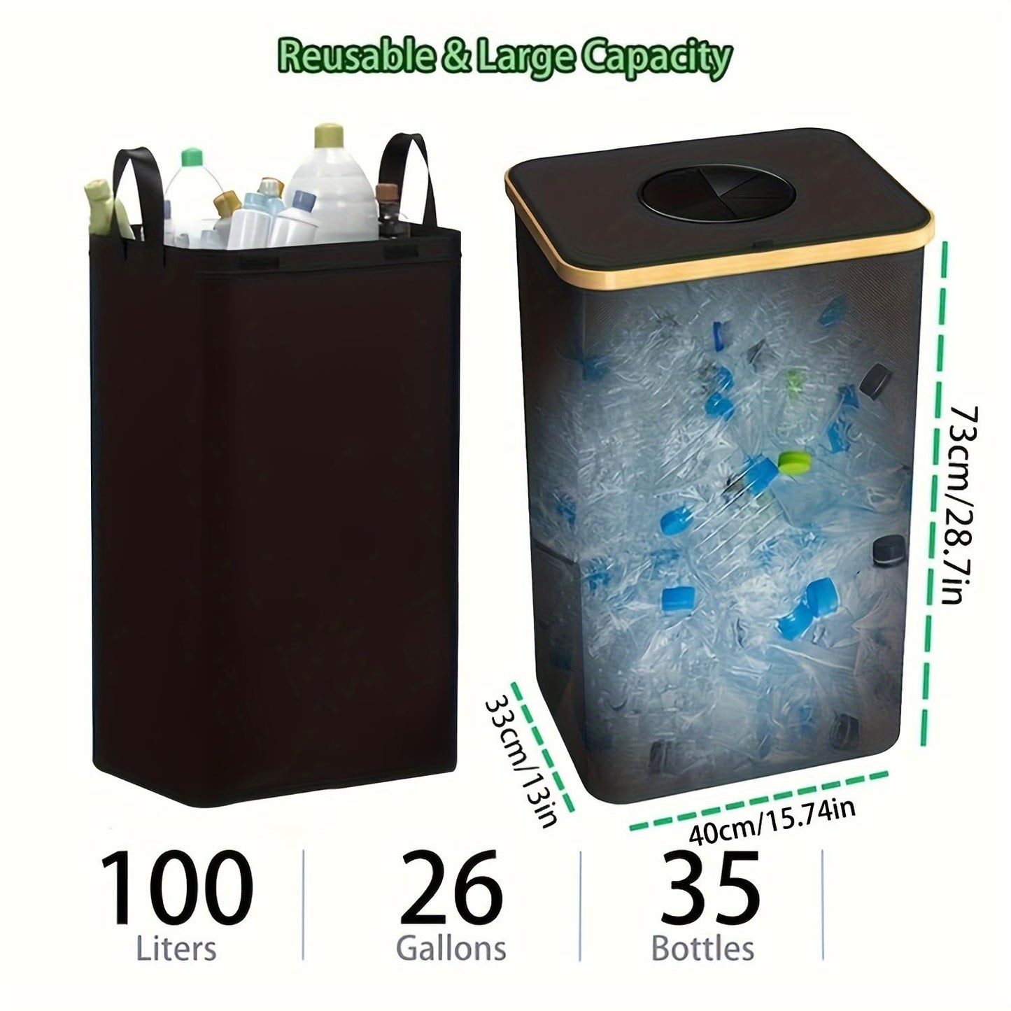 Garbage Bin Kitchen,Kitchen Trash Can with Lid, Detachable and Reusable Inner Bag,Large 26-Gallon 100-Liter Capacity, Suitable for Bottles, Cans, and Glass，Black