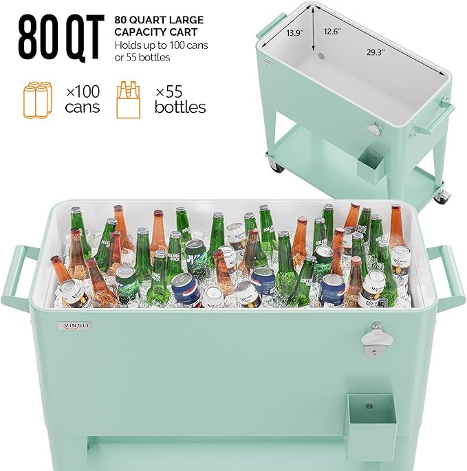 VINGLI 80 Quart Rolling Ice Chest, Portable Patio Party Bar Drink Cooler Cart, with Shelf, Beverage Pool with Bottle Opener