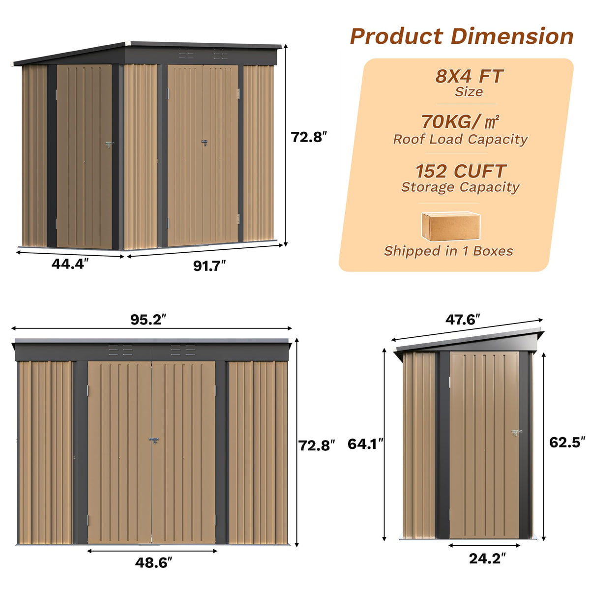 8x4FT Outdoor Storage Shed (8x4 / Brown)
