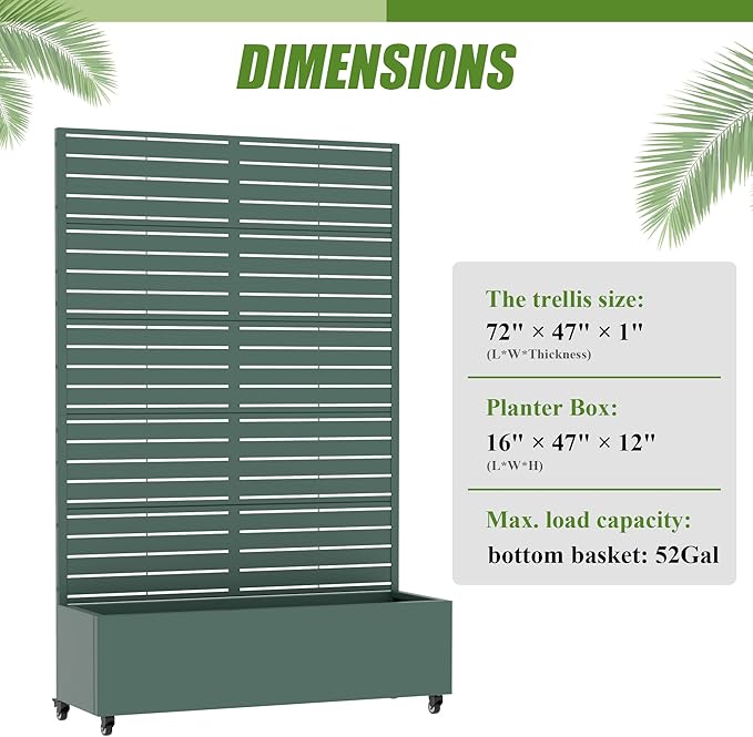 Casaphoria Metal Raised Garden Bed with Trellis and Wheels, 72"x47"x16" Planter Box for Climbing Plants, Vegetables & Vines, Features Drainage Holes and Privacy Screen, Drak Green-Louvered