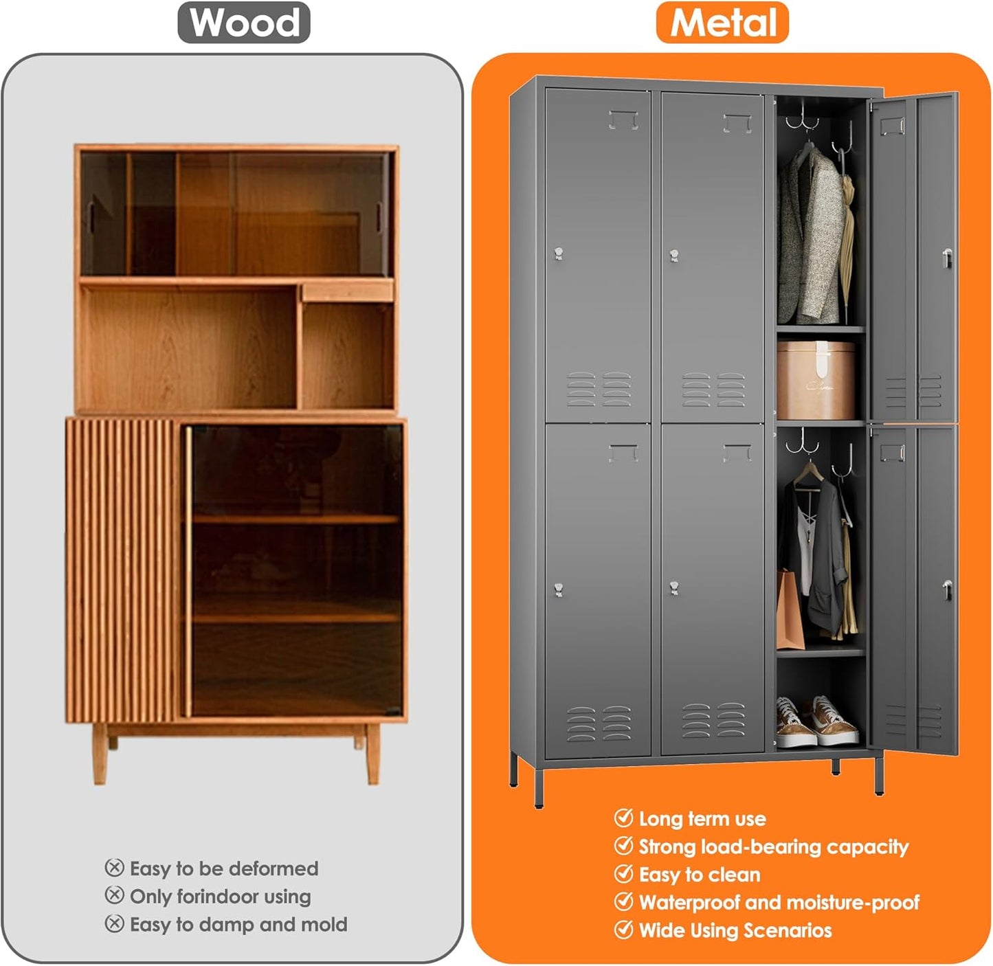 6 Doors Metal Storage Lockers for Employees with 18 Hooks,72" H Employee Lockers with Business Card Holder for Offices School Gyms Home,Assembly Required,Dark Gray