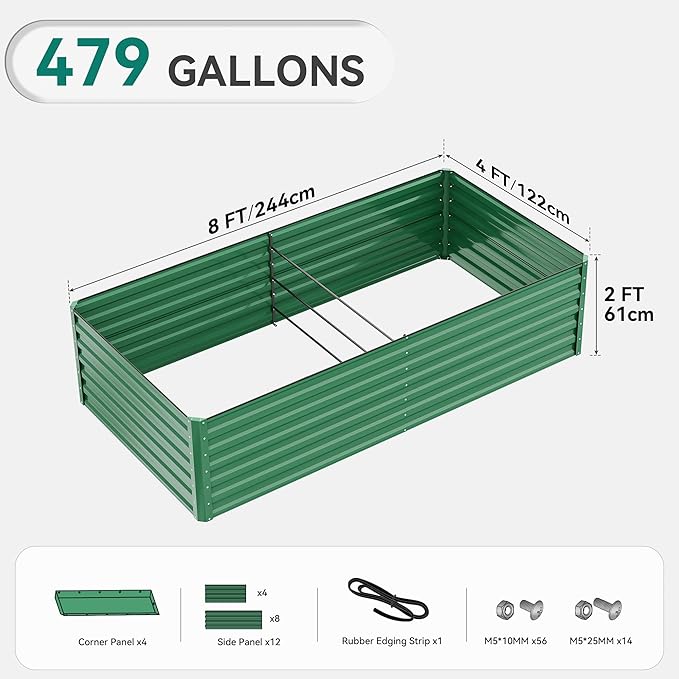 YITAHOME 8x4x2ft 2pcs Large Raised Garden Bed Kit, Galvanized Metal Planter Box with Gloves, Ground Nails & Safety Rubber, Outdoor Above Ground Planters for Plants Vegetables Flowers, Green