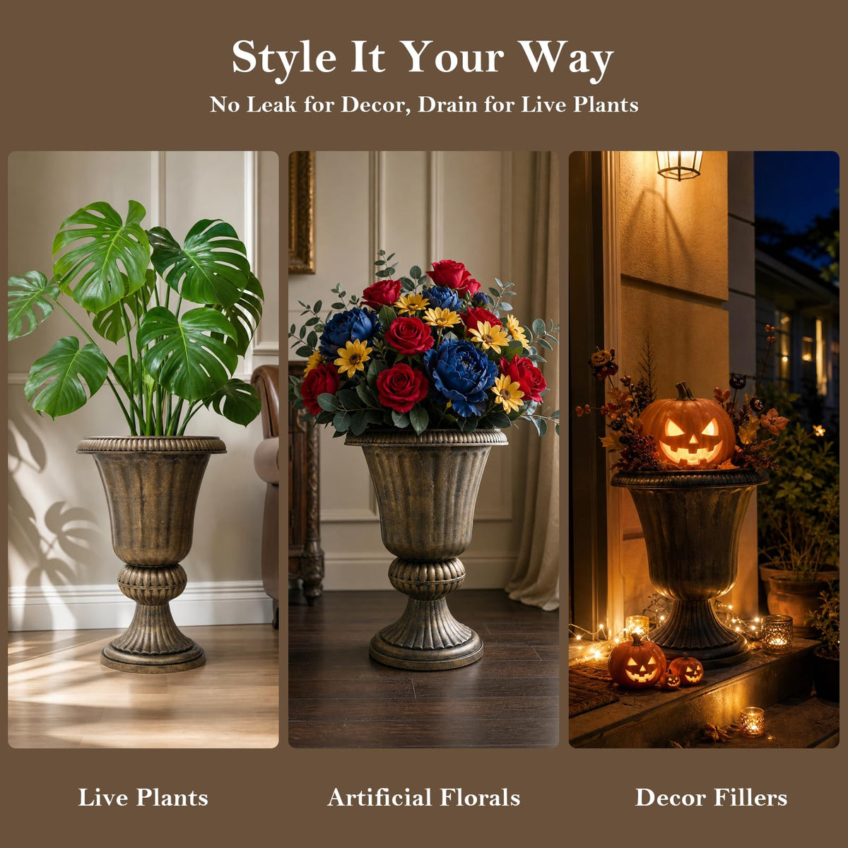 20" Tall Urn Planters for Outdoor Plants (Bronze)