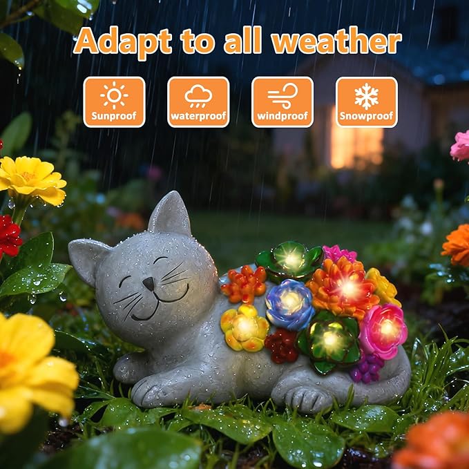 Solar Cat Garden Statues with Succulent and 6 LED Lights, Birthday Gifts for Women Mom Men, Outdoor Garden Decor for Cat Lover, Yard Decor Art Lawn Patio Balcony