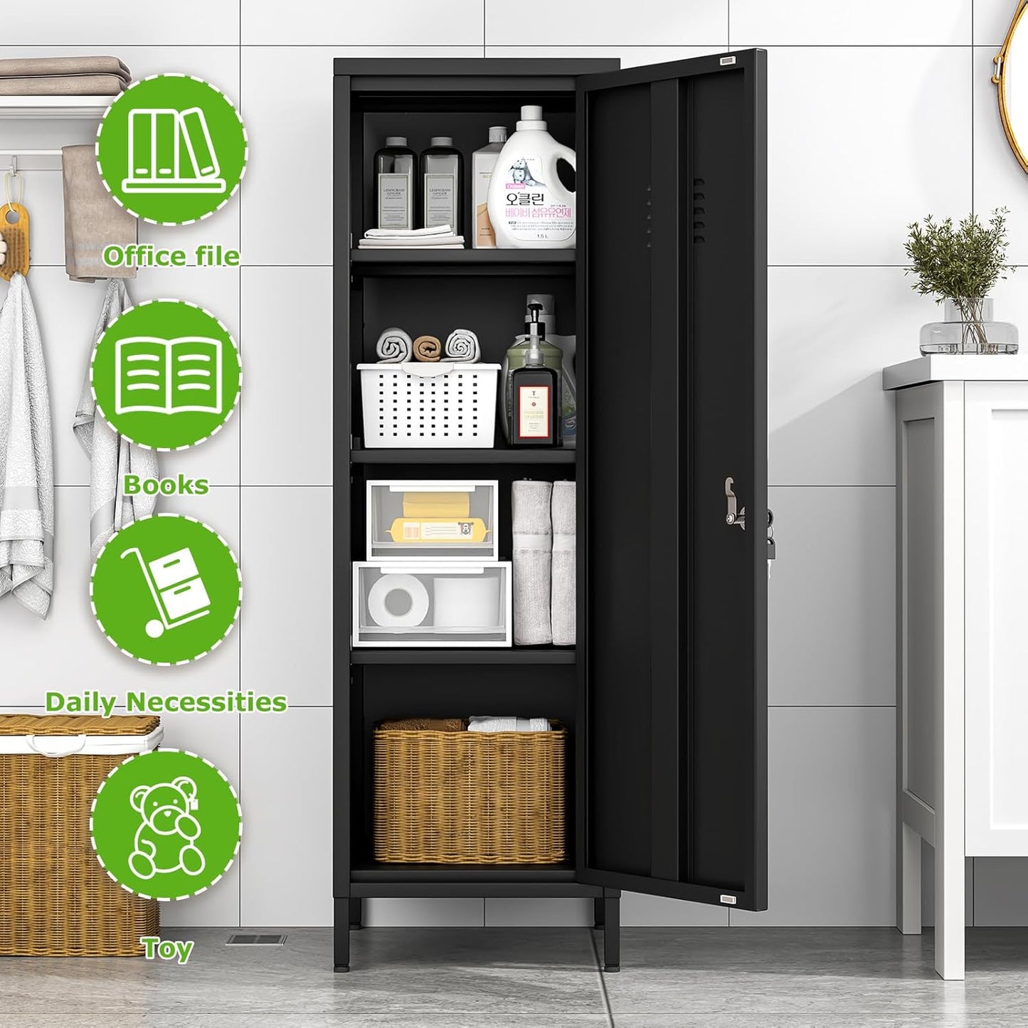 47" Metal Storage Locker, Lockable Employees Metal Locker with Door and Adjustable Shelves, Steel Locker for Home, School, Office, Gym (Black)